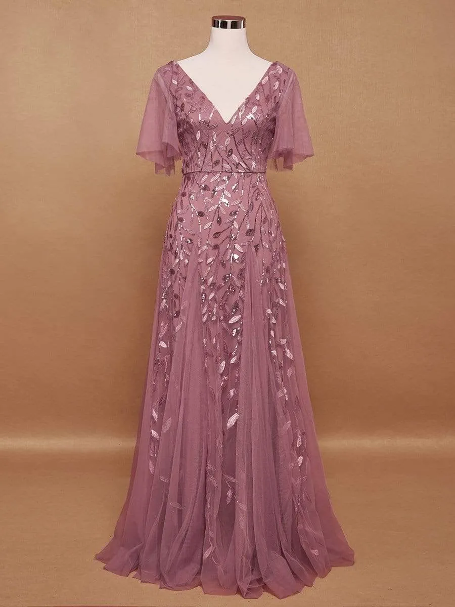 Romantic Shimmery V Neck Ruffle Sleeves Maxi Long Evening Gowns