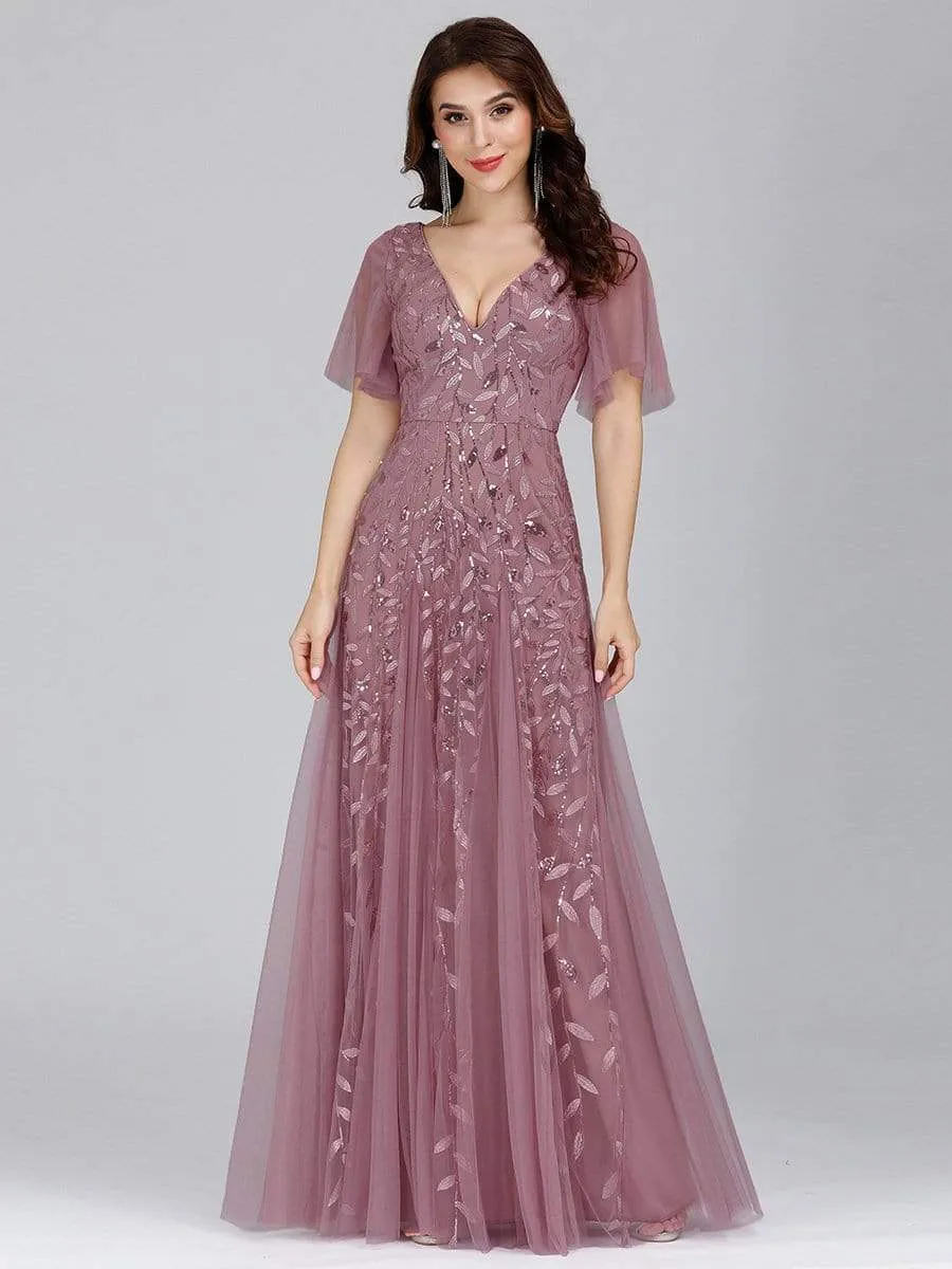 Romantic Shimmery V Neck Ruffle Sleeves Maxi Long Evening Gowns