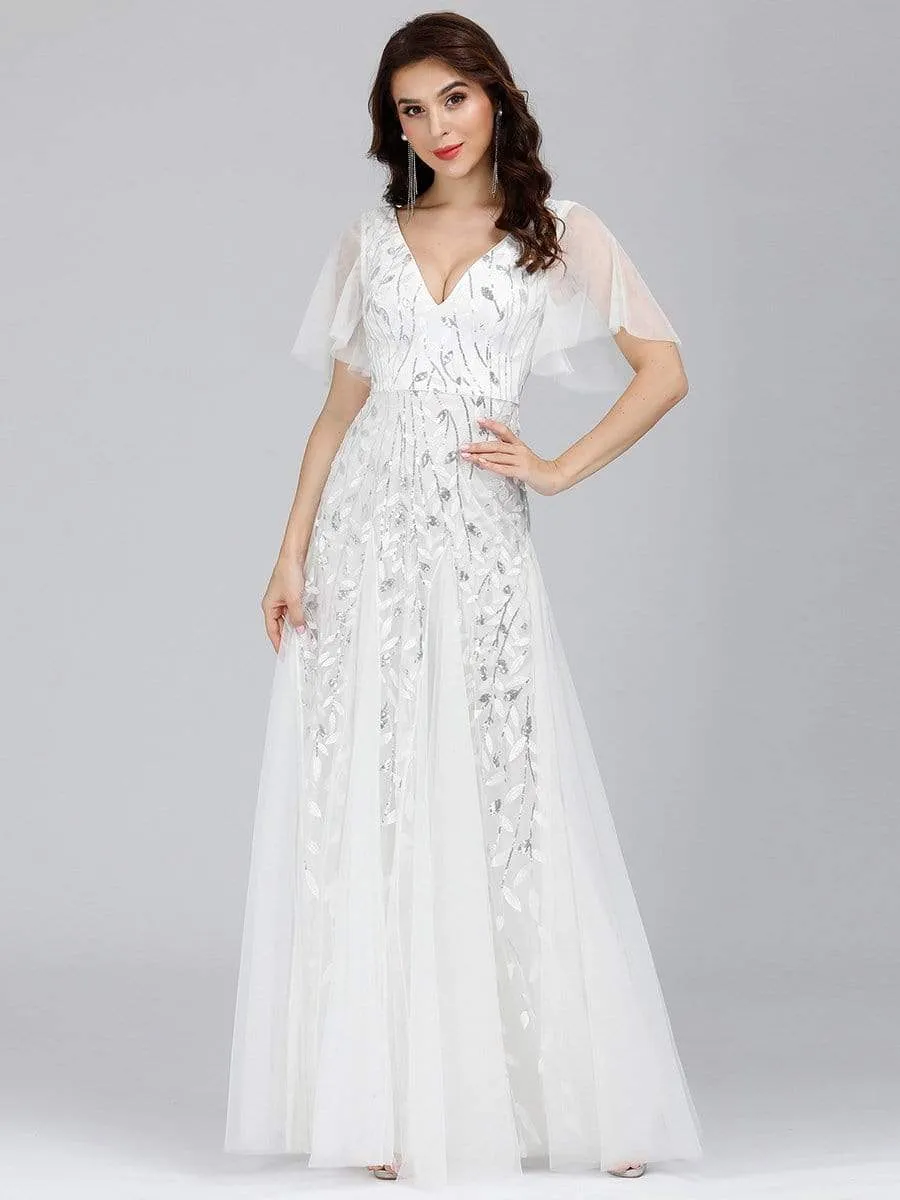 Romantic Shimmery V Neck Ruffle Sleeves Maxi Long Evening Gowns