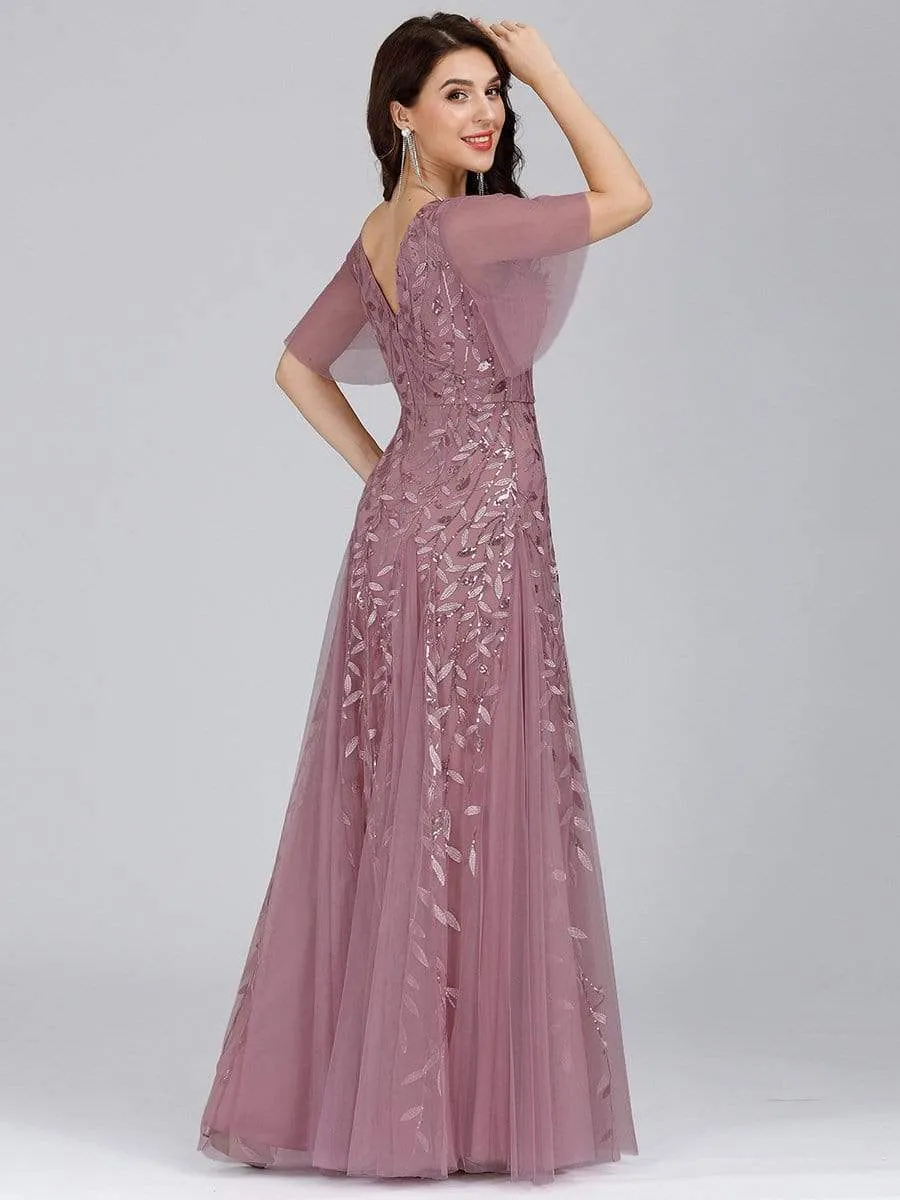 Romantic Shimmery V Neck Ruffle Sleeves Maxi Long Evening Gowns