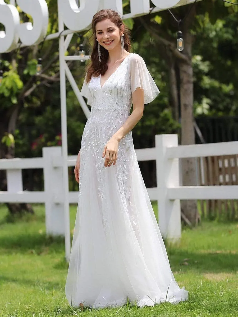 Romantic Shimmery V Neck Ruffle Sleeves Maxi Long Evening Gowns