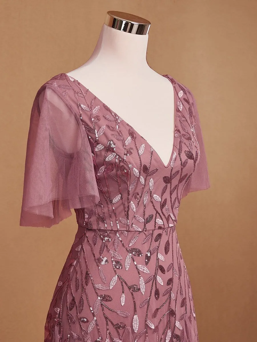 Romantic Shimmery V Neck Ruffle Sleeves Maxi Long Evening Gowns