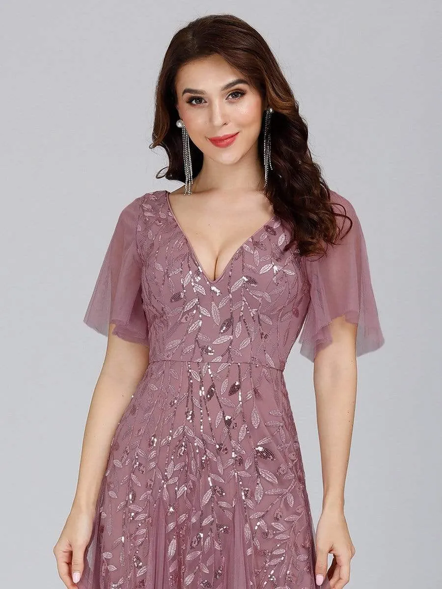 Romantic Shimmery V Neck Ruffle Sleeves Maxi Long Evening Gowns
