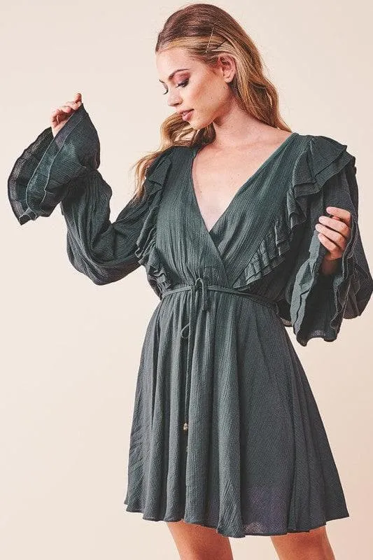 Ruffle Surplice  Tied Mini Dress, Green
