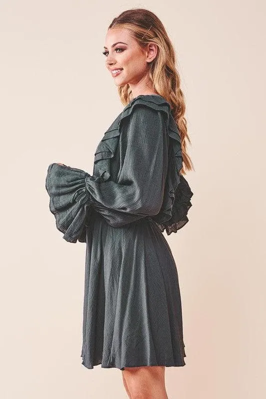 Ruffle Surplice  Tied Mini Dress, Green