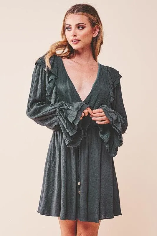 Ruffle Surplice  Tied Mini Dress, Green