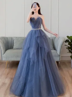 Shiny Blue Long Prom Dresses, Blue Long Formal Graduation Dresses