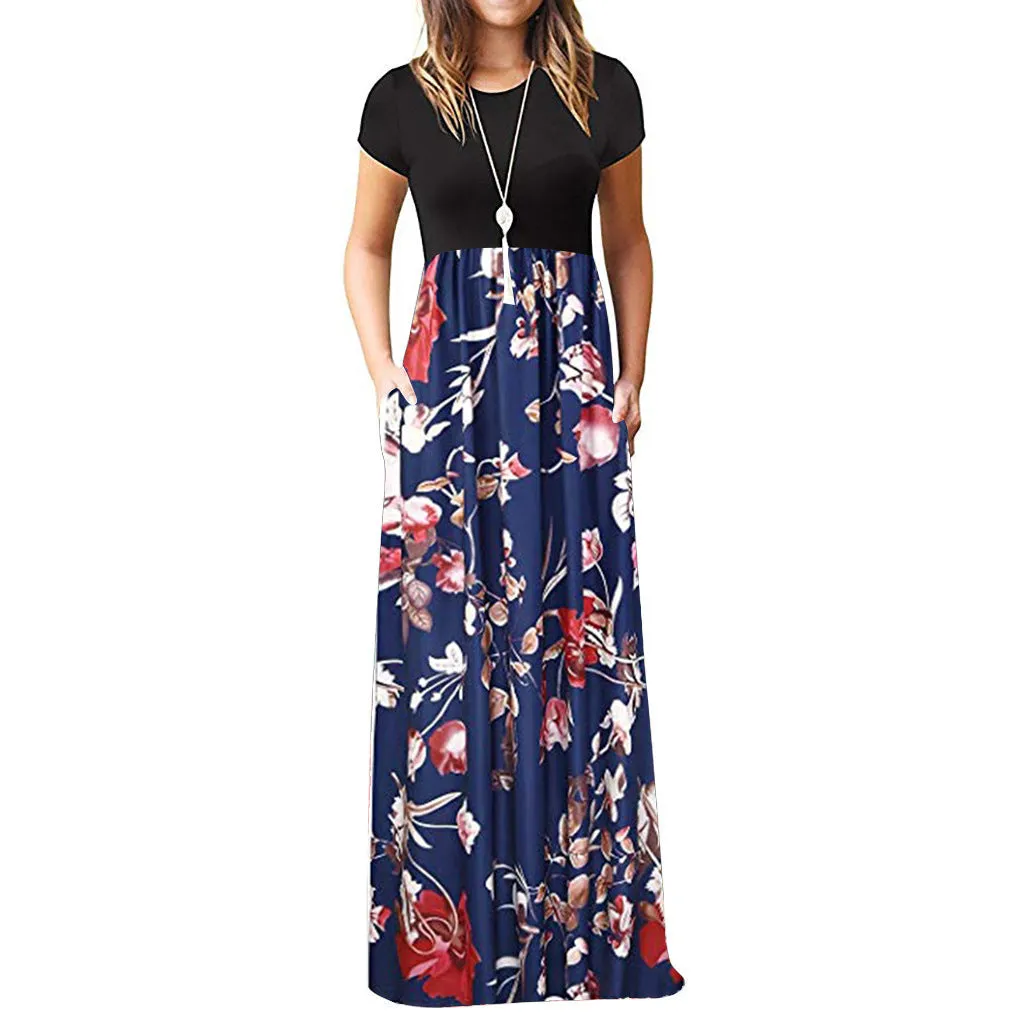 Short-sleeved Printed Other Long Skirt Color Dress