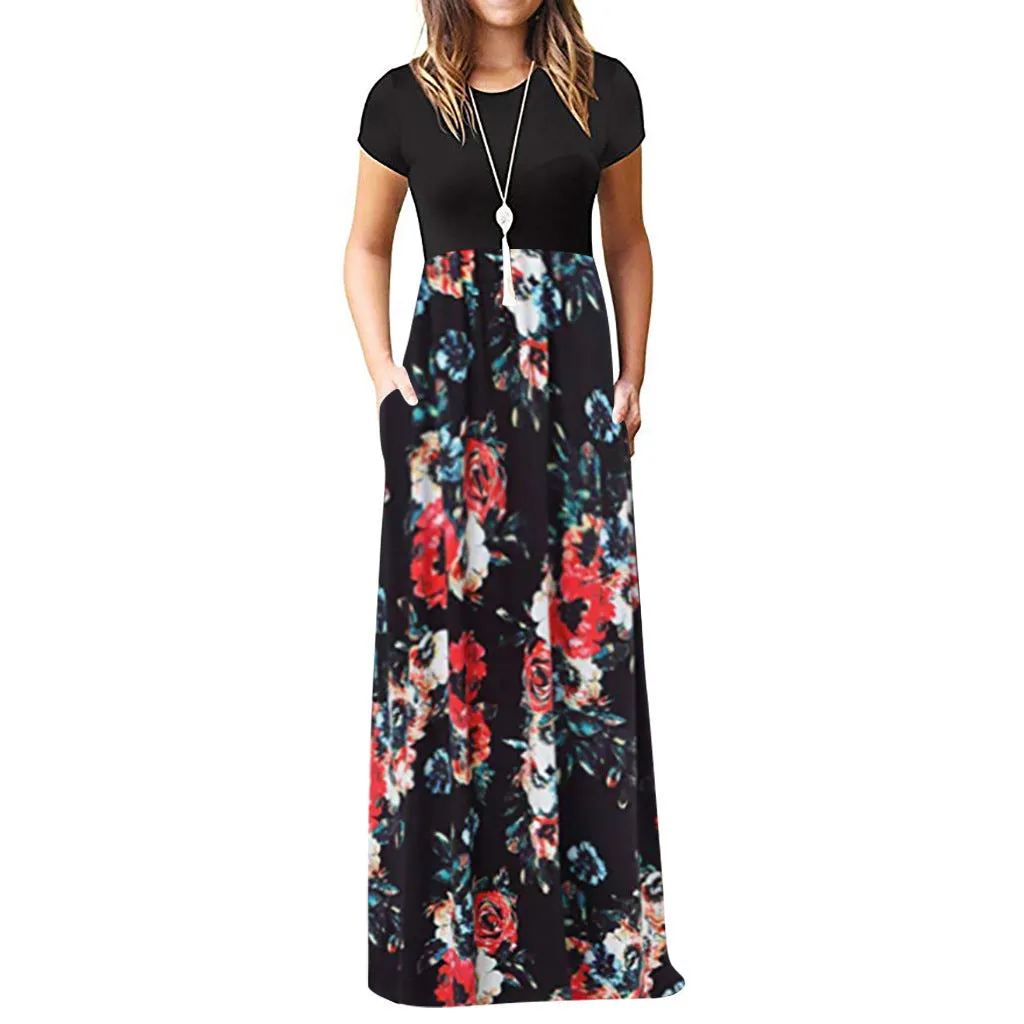 Short-sleeved Printed Other Long Skirt Color Dress