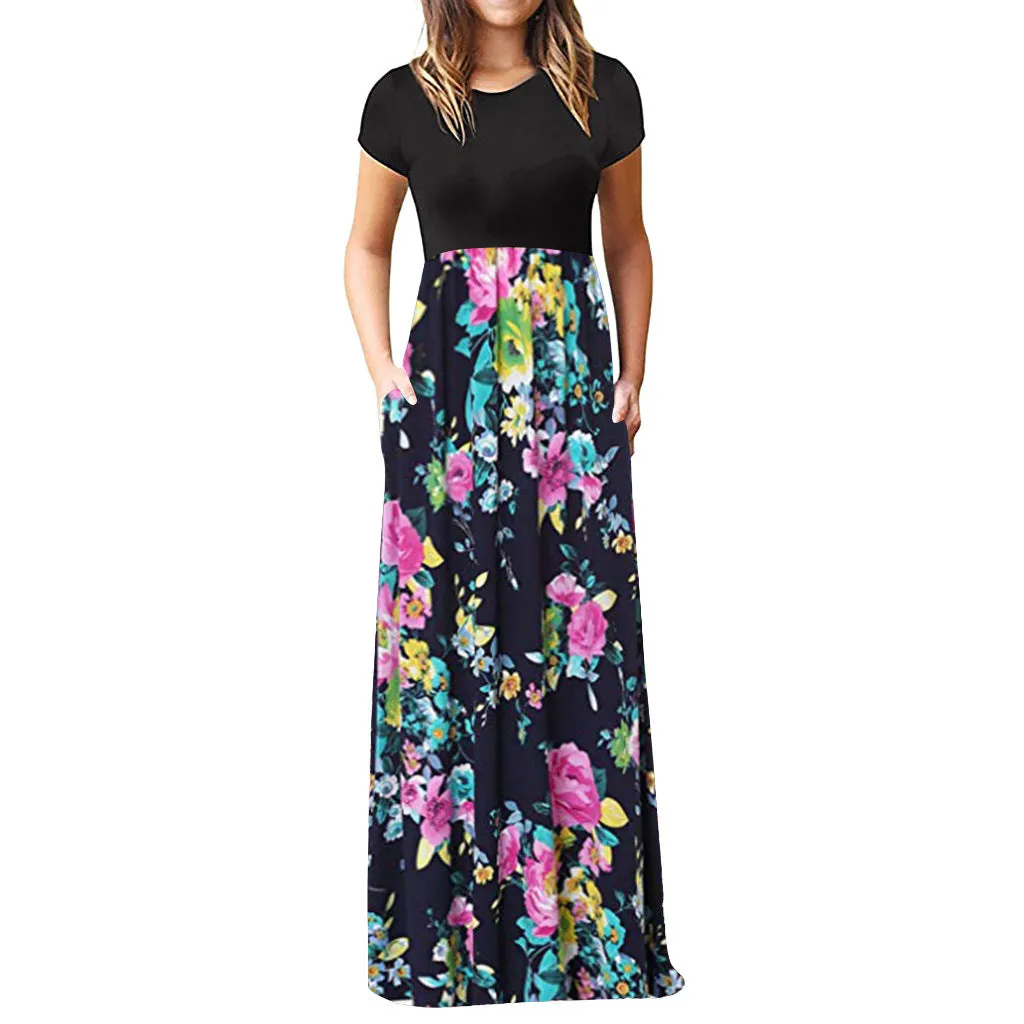 Short-sleeved Printed Other Long Skirt Color Dress