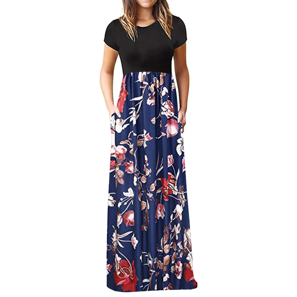 Short-sleeved Printed Other Long Skirt Color Dress