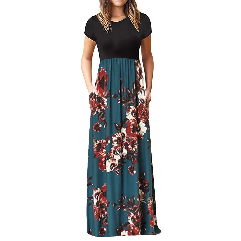 Short-sleeved Printed Other Long Skirt Color Dress