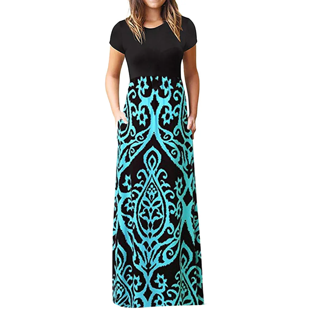 Short-sleeved Printed Other Long Skirt Color Dress