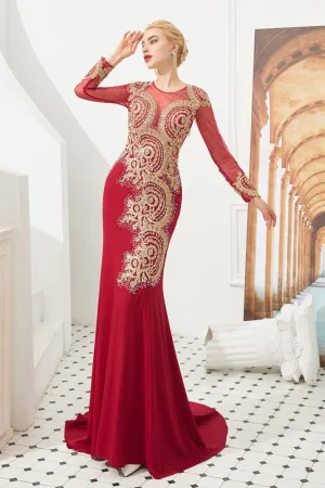 Slim Long Sleeves Gold Appliques Mermaid Evening Gowns Floor Length Event Party Dress
