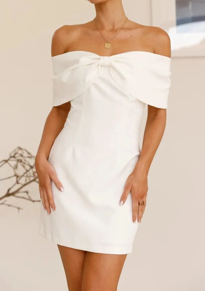 Snow Blossom Dress-Off-the-Shoulder White A-Line Dress with Statement Bow