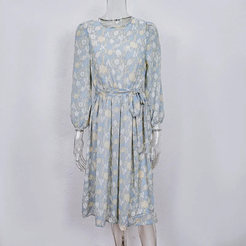 Spring Women's Long Sleeve Black Chiffon Printed Round Neck Lace Dot Formal Dress