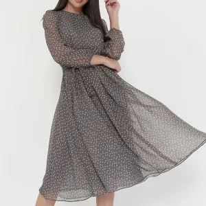 Spring Women's Long Sleeve Black Chiffon Printed Round Neck Lace Dot Formal Dress