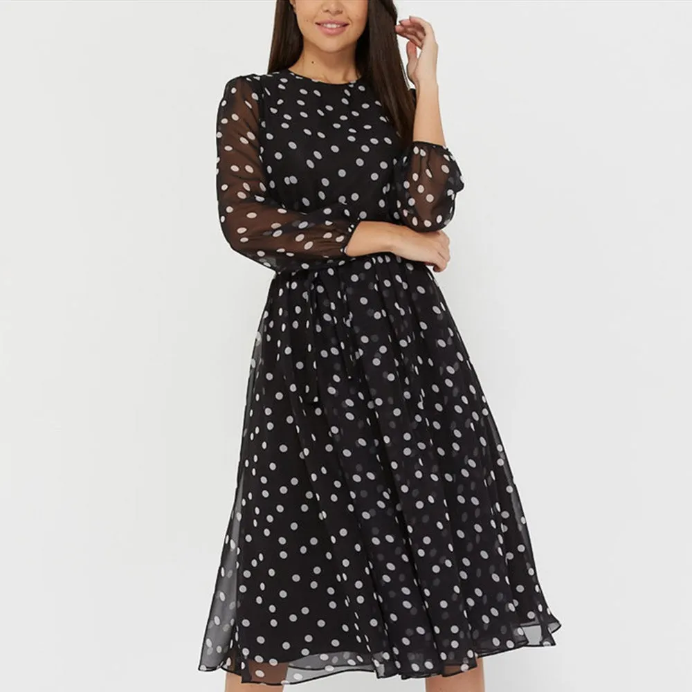 Spring Women's Long Sleeve Black Chiffon Printed Round Neck Lace Dot Formal Dress