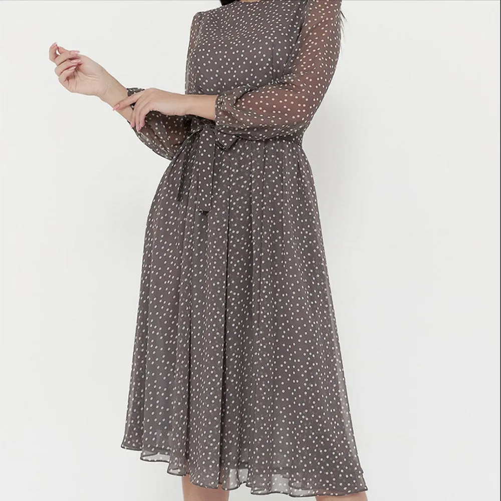Spring Women's Long Sleeve Black Chiffon Printed Round Neck Lace Dot Formal Dress