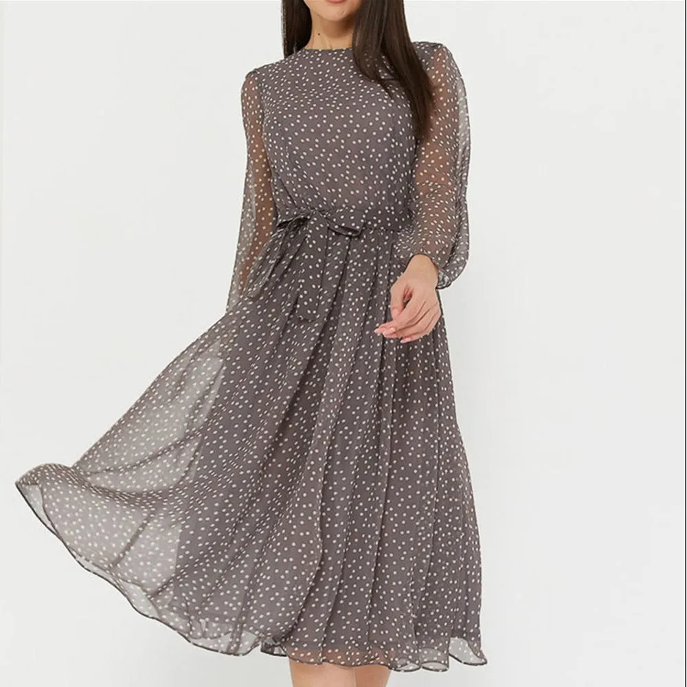 Spring Women's Long Sleeve Black Chiffon Printed Round Neck Lace Dot Formal Dress
