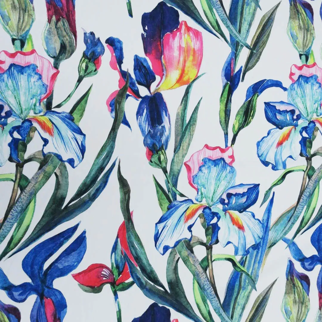 White Background with Blue and Green Floral Printed Fabric