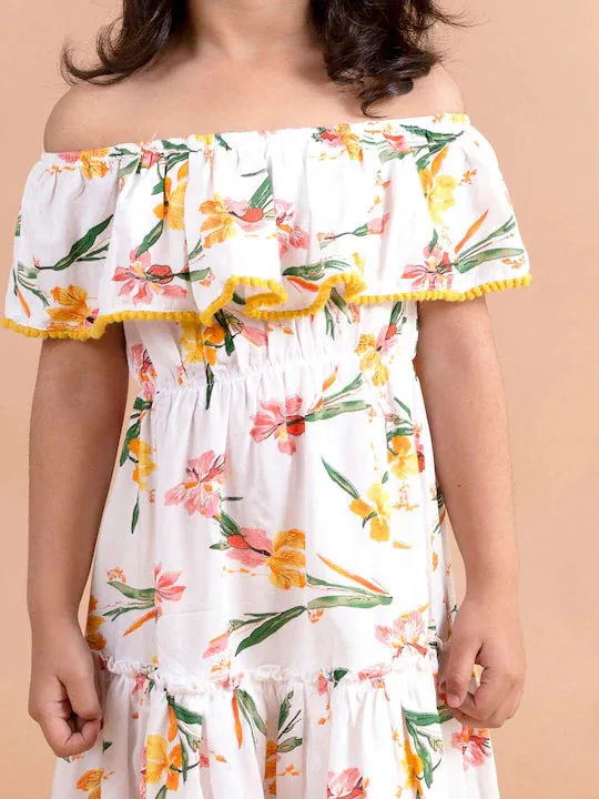 White Floral Off-Shoulder A-Line Dress