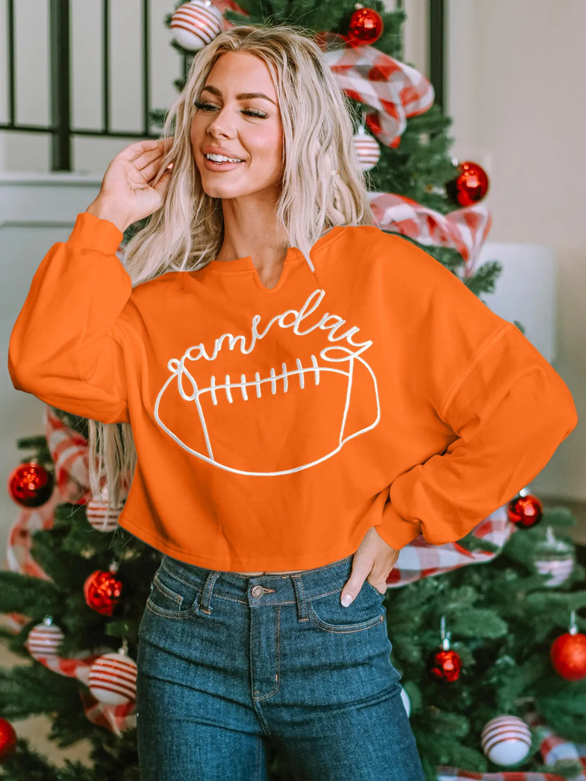 Womens Orange Game Day Lettering Rugby Football Notched Neck Sweatshirt