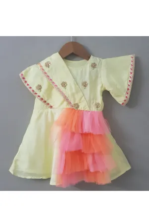 Yellow Floral Embroidered Cotton With Net Detailing Dress