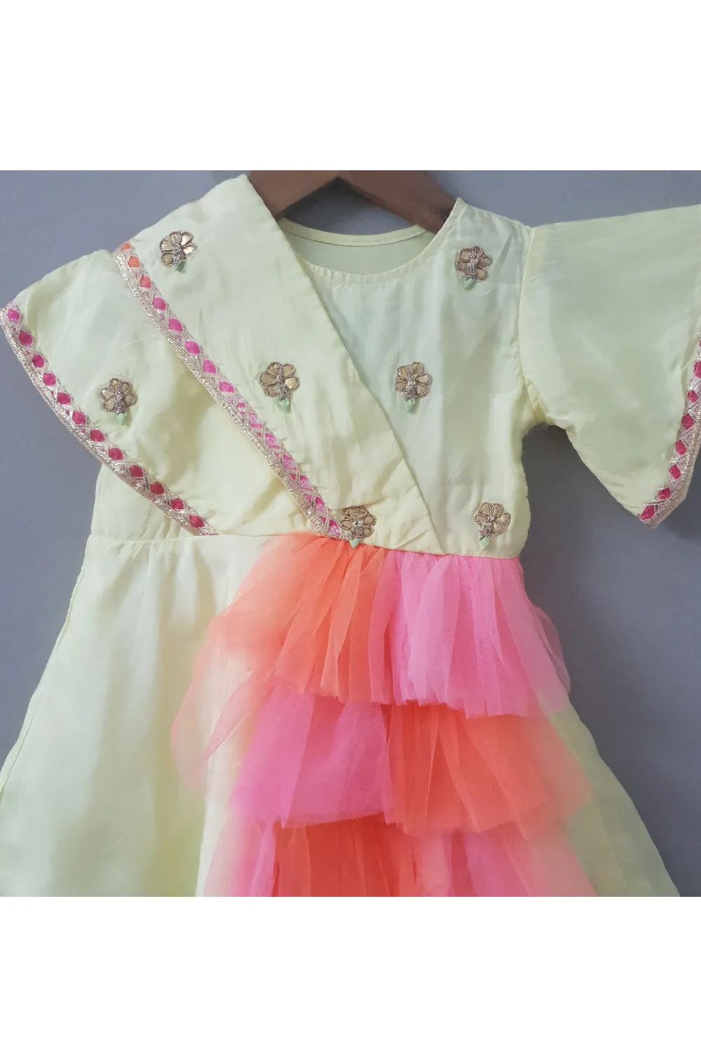 Yellow Floral Embroidered Cotton With Net Detailing Dress
